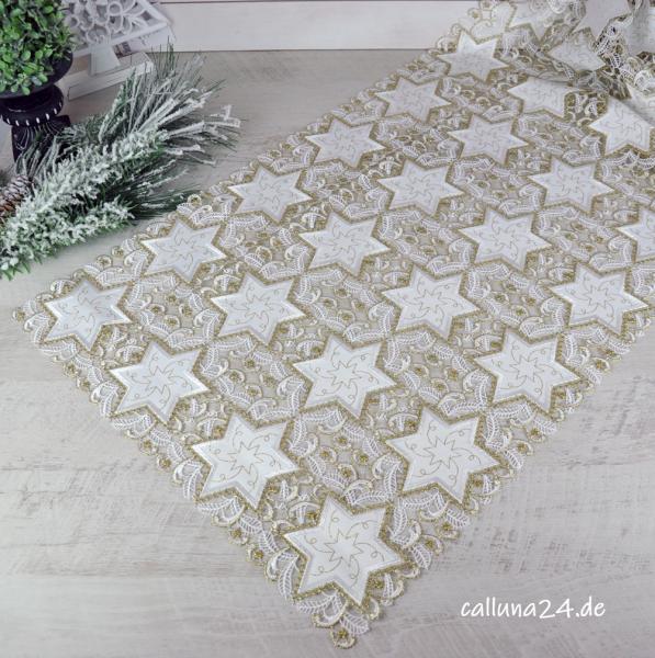 Tischläufer Tischdecke Plauener Spitze Weihnachten Weiß Gold  Landhaus Bestickt